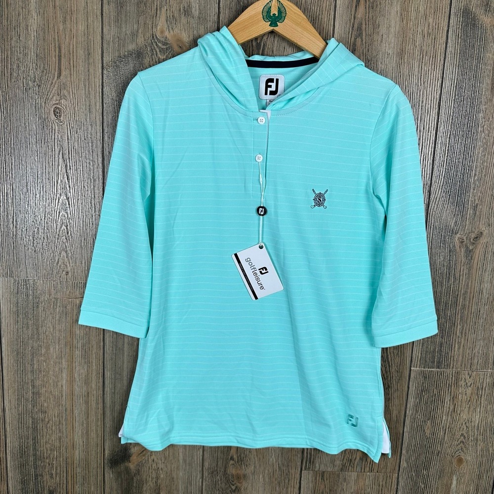 FootJoy NWT 3/4 Sleeve Pinstripe Golf Hoodie Womens Size Small Aquamarine